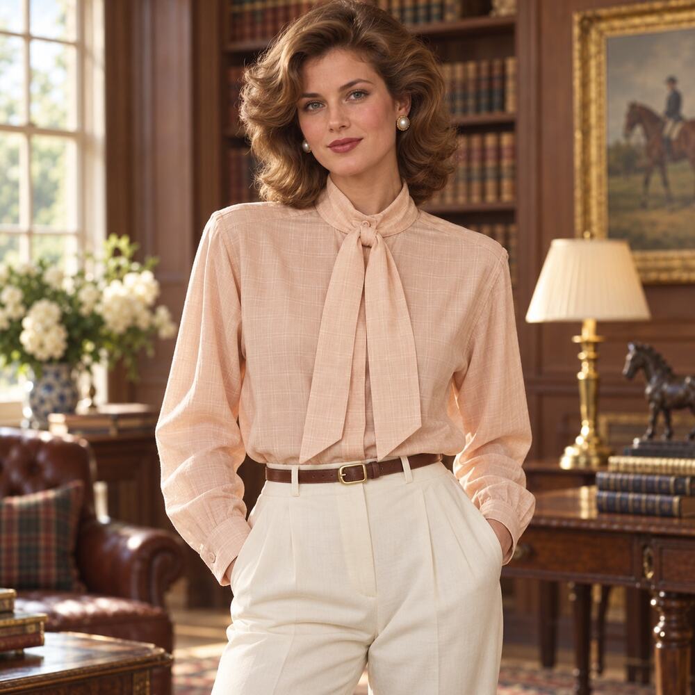 Vtg 80s Pale Horse Designs Secretary Womens Top Sz 10 Windowpane Tie Preppy